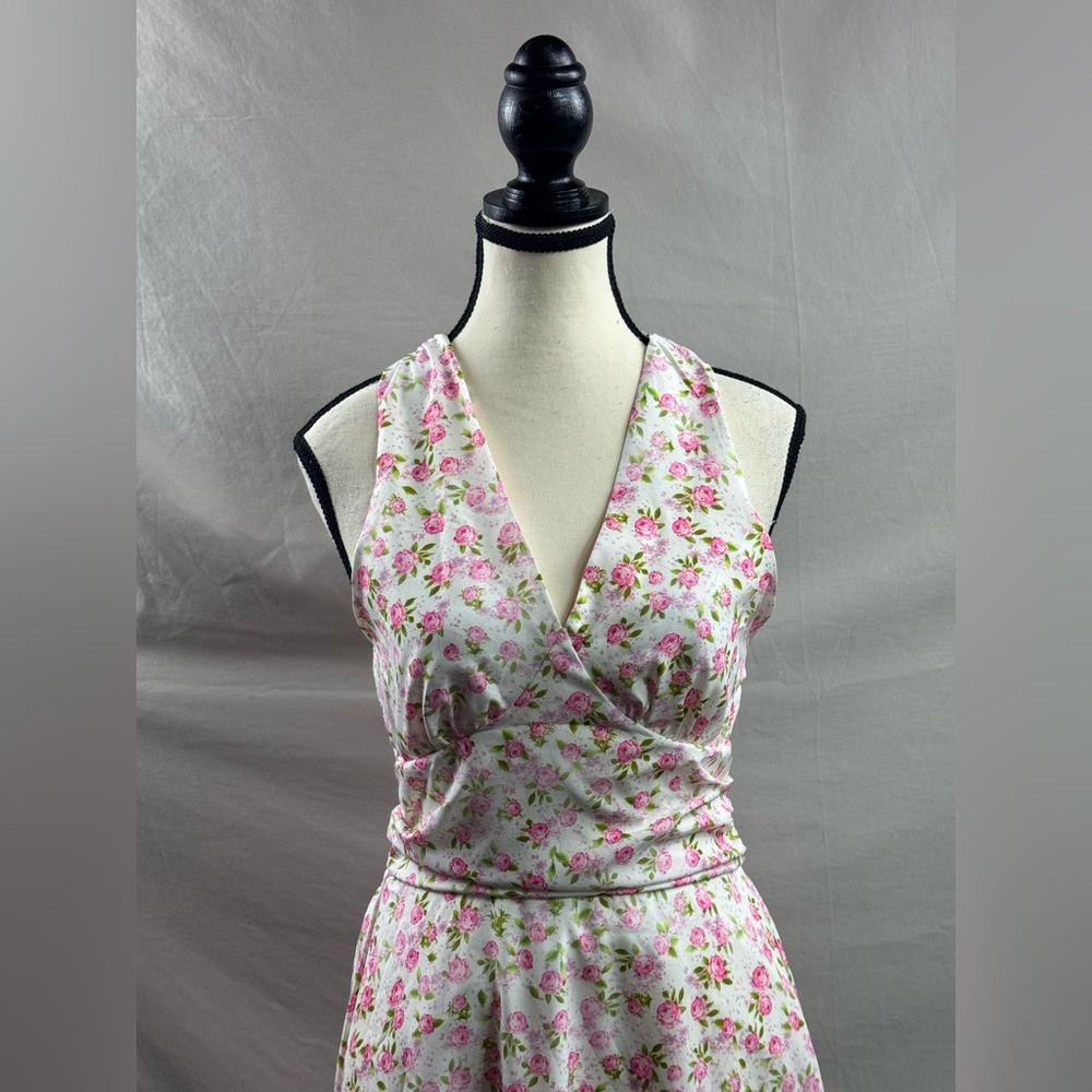 LAST ONE 🔥 White & Pink Rose Floral Halter Midi Dress - Picture 9 of 11